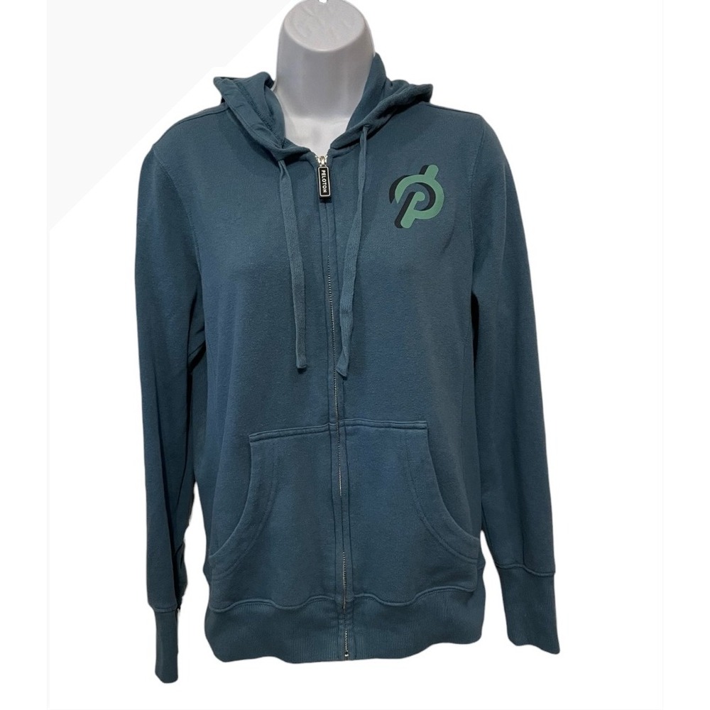 Peloton Womens Zip Up Hoodie Teal Green Logo Floral‎ Back Size Medium